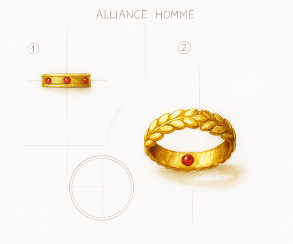 Croquis gouaché d'une alliance homme dessinée par l'atelier Oro et Baud